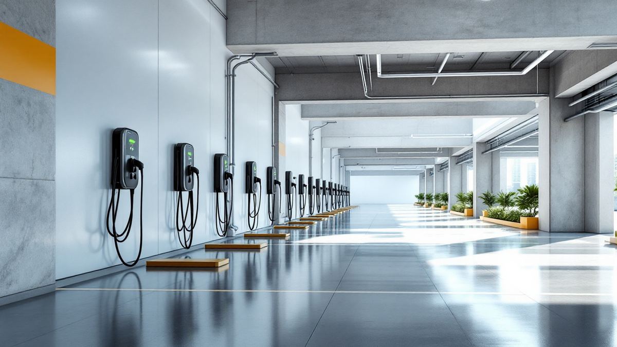 A row of electric vehicle chargers along a bright parking garage wall