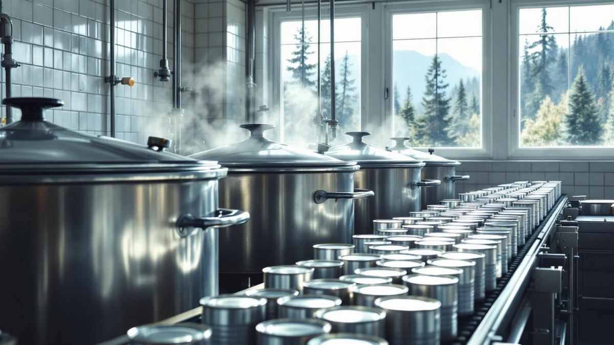Stainless steel soup kettles and a line of cans in a bright food plant
