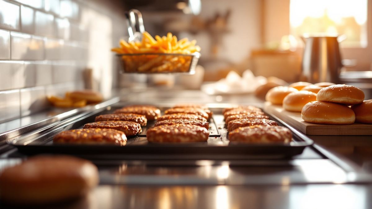 Burger patties on a grill with fries and buns in a bright restaurant kitchen
