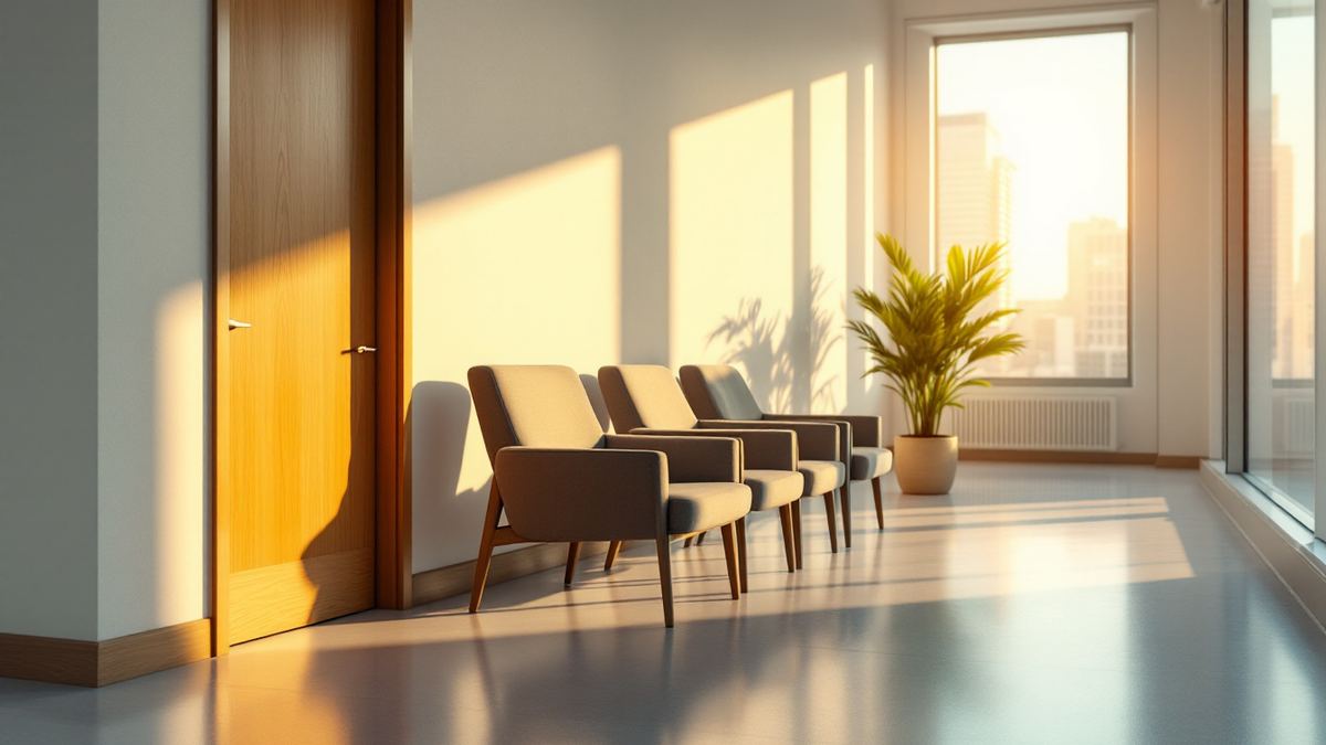 A row of empty chairs outside an interview room in a sunlit office corridor