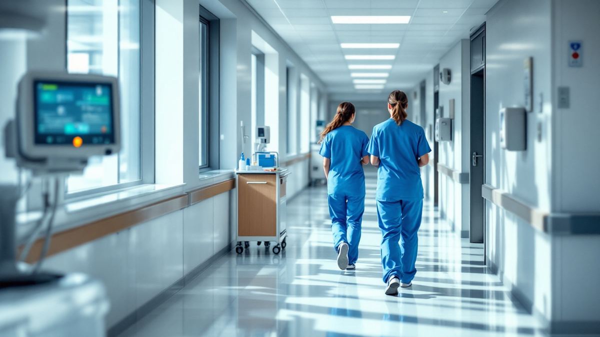 Two nurses in blue scrubs walking down a bright hospital corridor toward a nurses' station