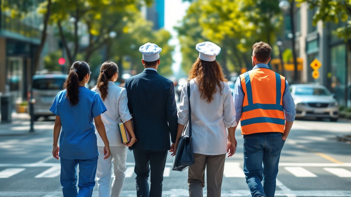 Workers in different job uniforms, including a nurse, chefs and a hi-vis worker, crossing a sunny city street