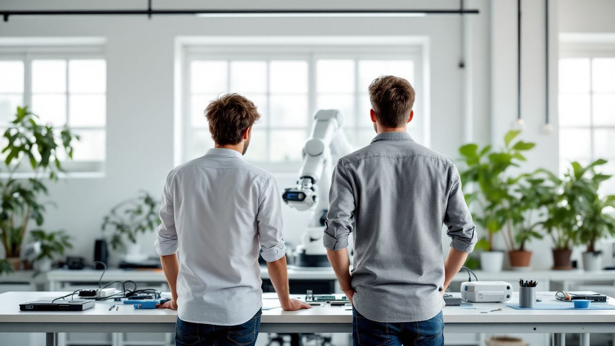 Two engineers seen from behind working on a white robot arm in a bright engineering lab