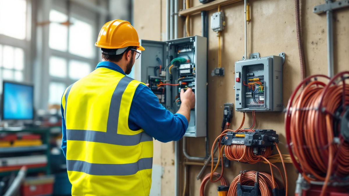 An apprentice electrician in a hard hat and hi-vis vest wiring an electrical panel in a training workshop