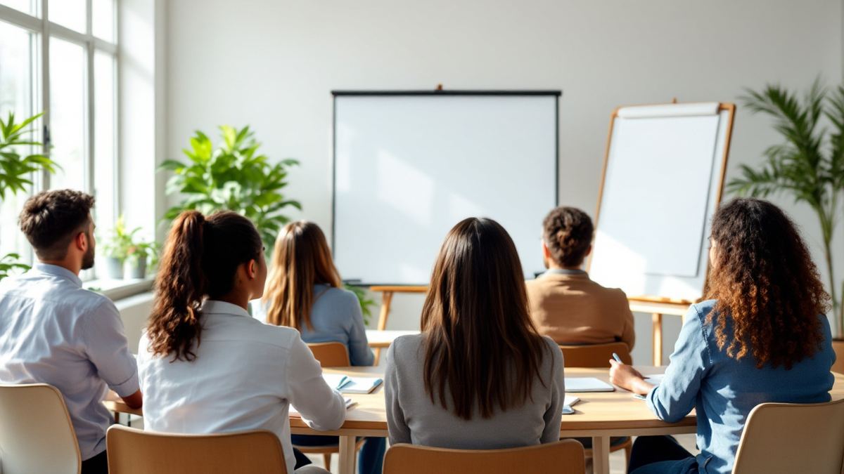 Colleagues seen from behind in a sunny leadership workshop facing a blank flip chart