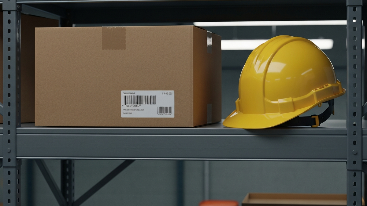A shipping box and hard hat on a warehouse shelf, evoking Amazon careers