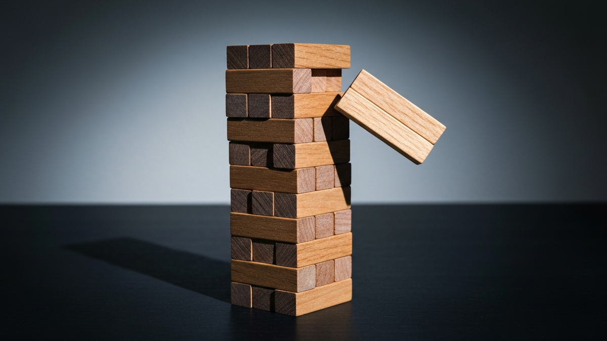 Wooden block tower with one block pulled out and unstable, symbolizing promotion mistakes
