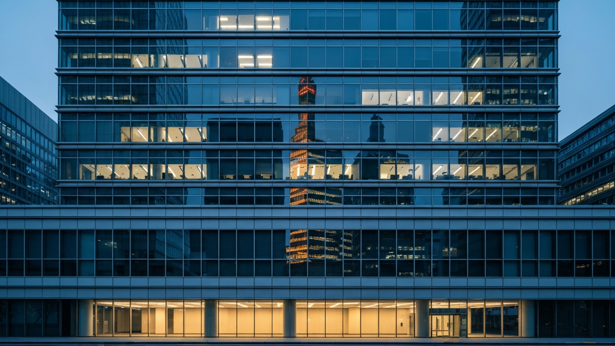 Glass banking tower at dusk in an Asian financial district with half-lit floors