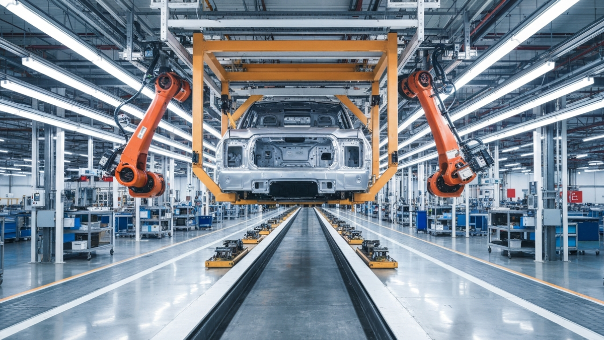 Modern automotive assembly plant interior with a pickup truck body on an overhead conveyor and orange robotic arms