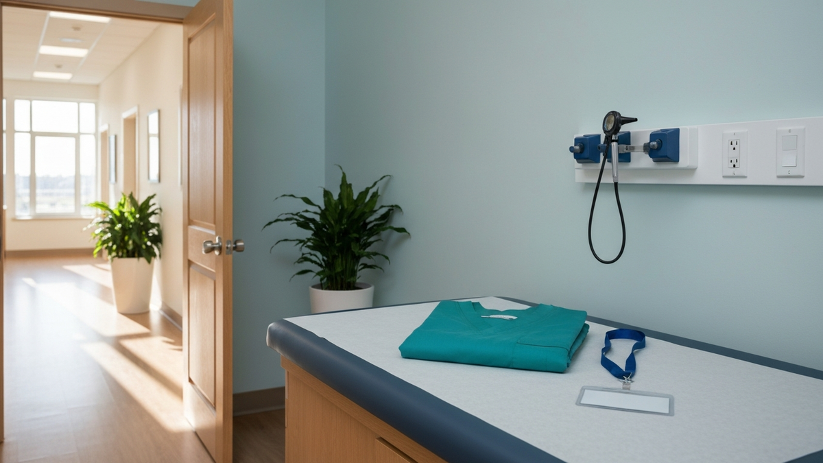 Bright empty medical exam room with folded teal scrubs and a blank ID lanyard on the exam table
