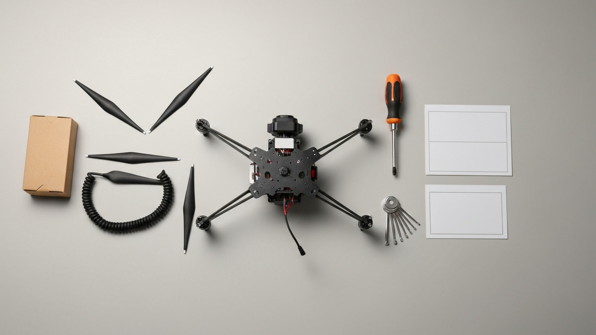 Overhead flat-lay of a delivery drone airframe with spare rotors, tether, tools and blank cards