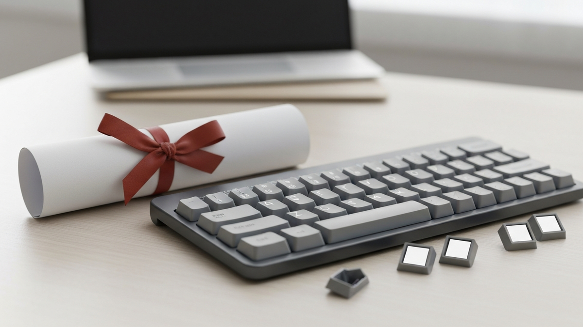 Rolled diploma leaning against a keyboard with blank and removed keycaps
