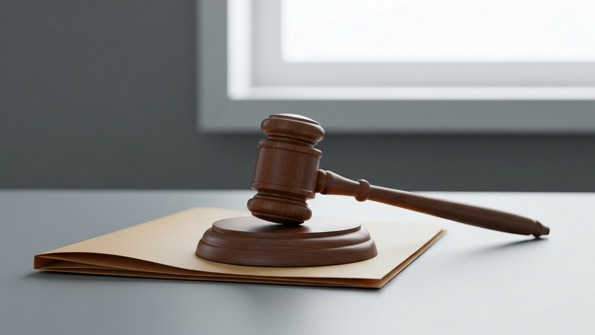 Wooden judge gavel resting on a sound block atop a closed manila folder on a formal desk