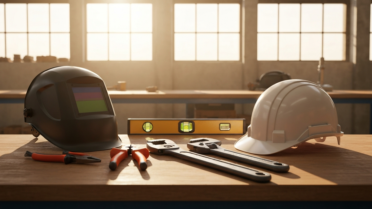 Welding helmet, trade tools, and a new hard hat laid out on a bright workshop bench