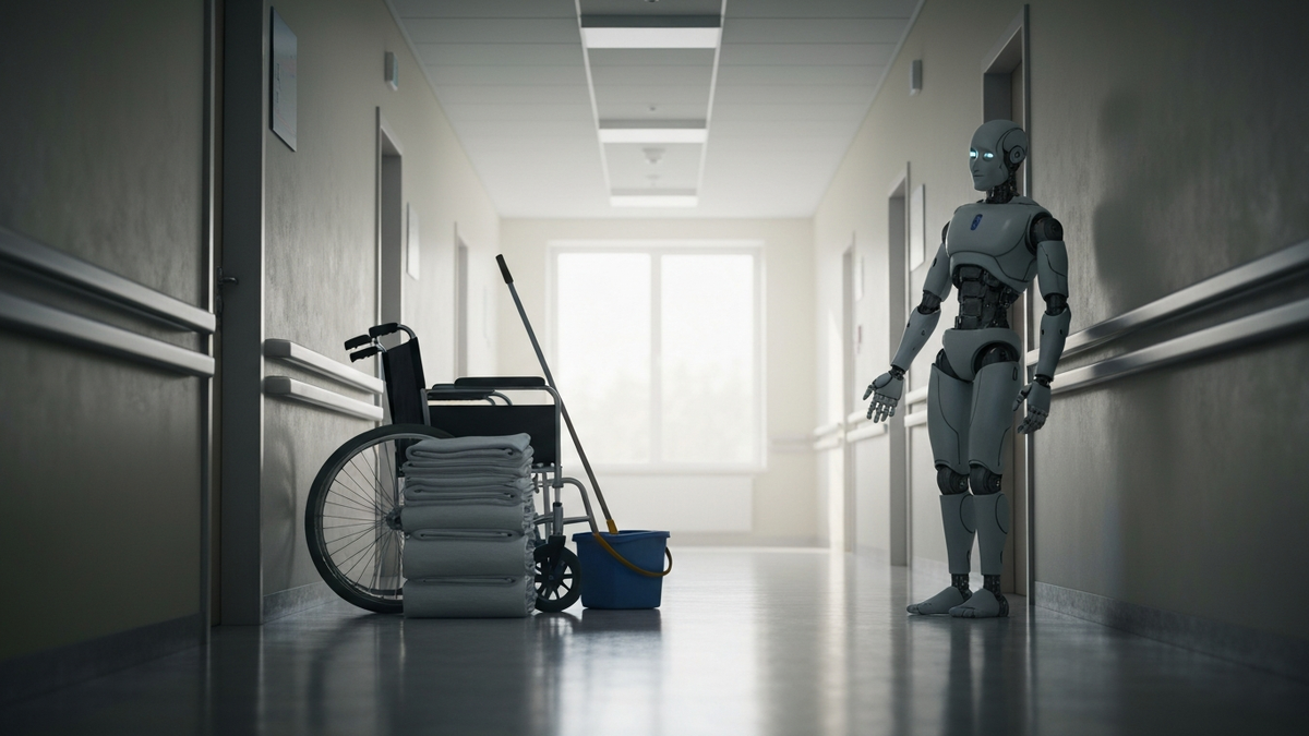 Powered-down humanoid robot standing idle in a quiet hospital corridor beside a wheelchair, folded linens and a mop bucket