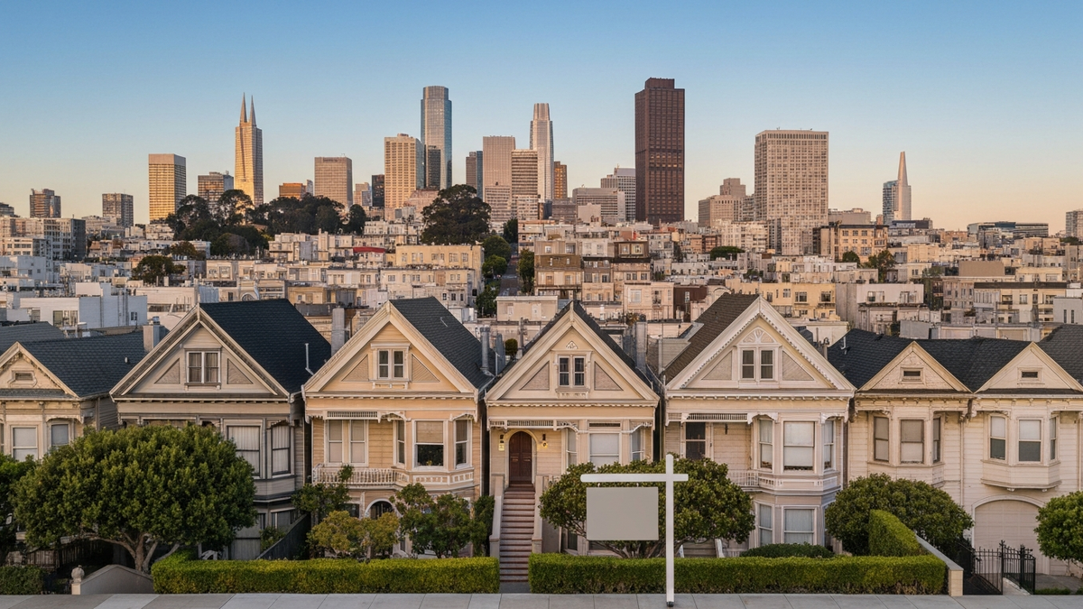Aerial golden-hour view of San Francisco Victorian rooftops and downtown tech skyline with a blank real-estate sign