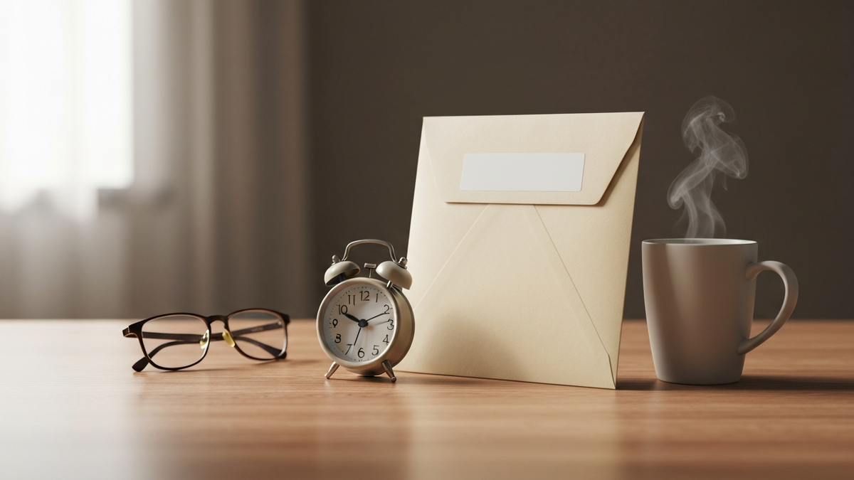 A blank sealed envelope propped against a small analog alarm clock on a wooden table in morning light