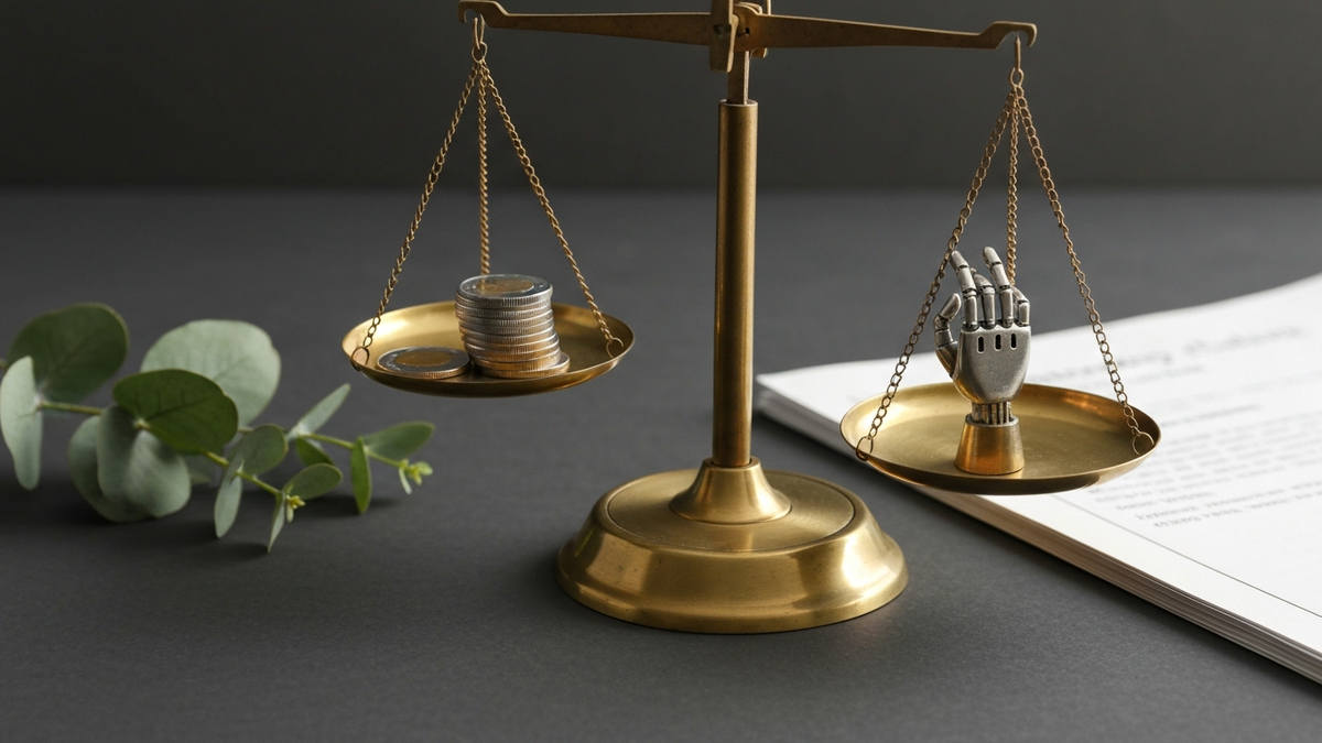 A brass balance scale nearly level with silver coins on one pan and a small metal robot hand on the other
