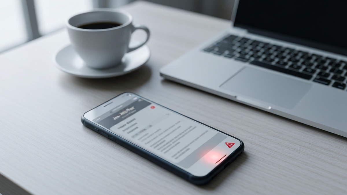 Smartphone on a desk showing a blurred job-offer notification with a red warning triangle