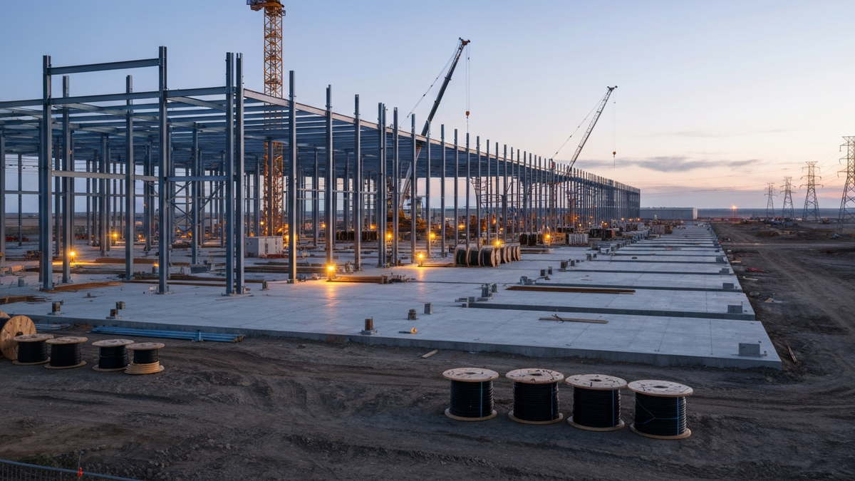 Data-center construction site on the Alberta prairie at dawn with steel framing and cranes