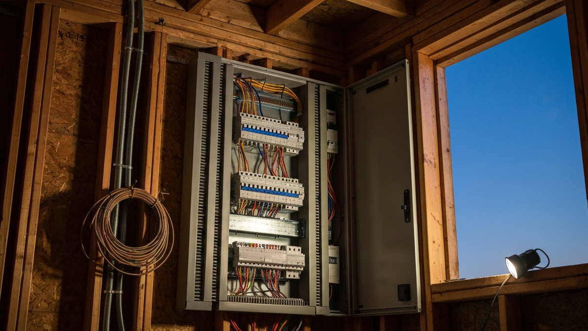 Open commercial electrical panel at dusk showing neat rows of breakers and colour-coded conductors, lit by a portable work light