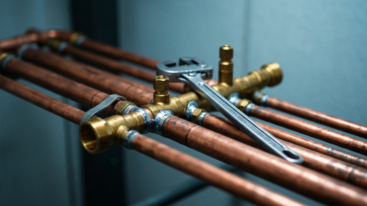 Close view of a copper pipe manifold in a mechanical room, freshly soldered joints and brass fittings with a pipe wrench resting across the run