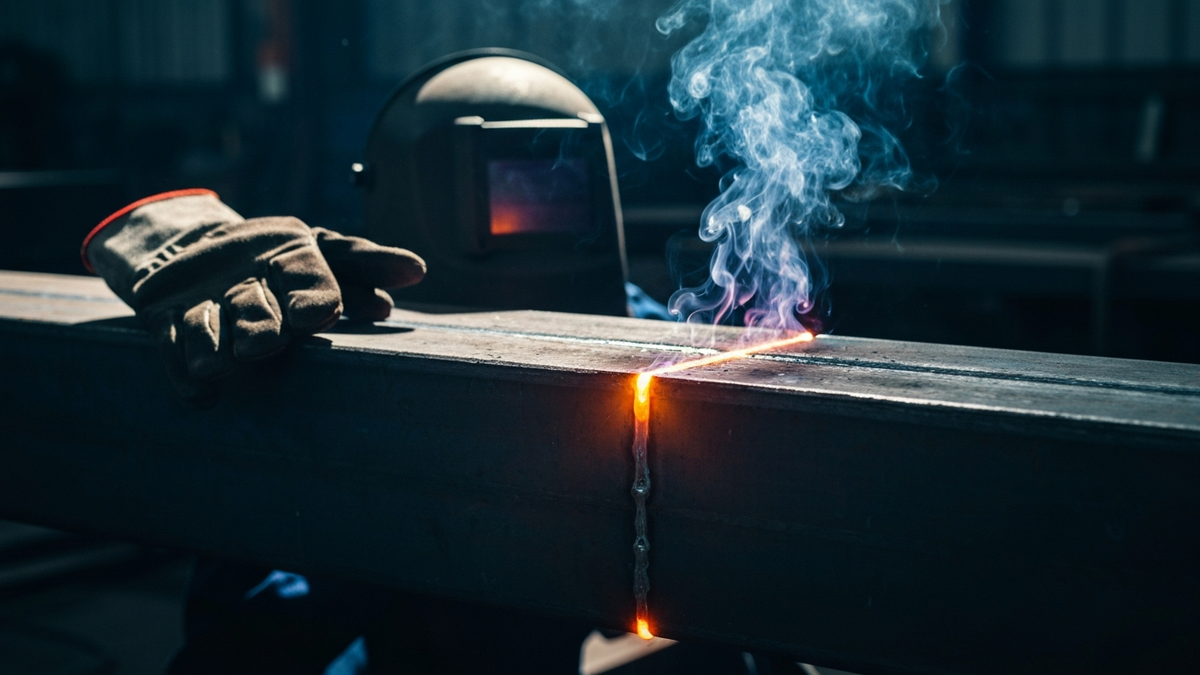 A finished weld bead cooling on a heavy steel joint in a darkened fabrication shop, still glowing orange with smoke drifting through the light