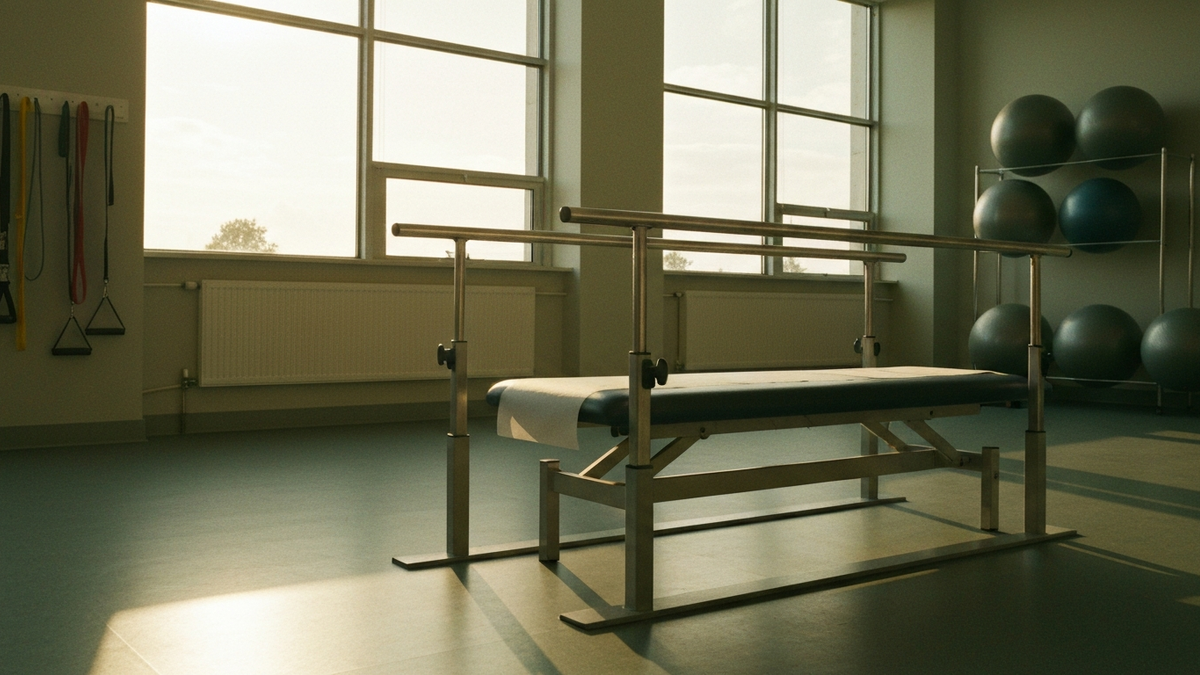 Empty physical therapy gym at dawn with parallel bars, a treatment table and exercise balls lit by low morning sun