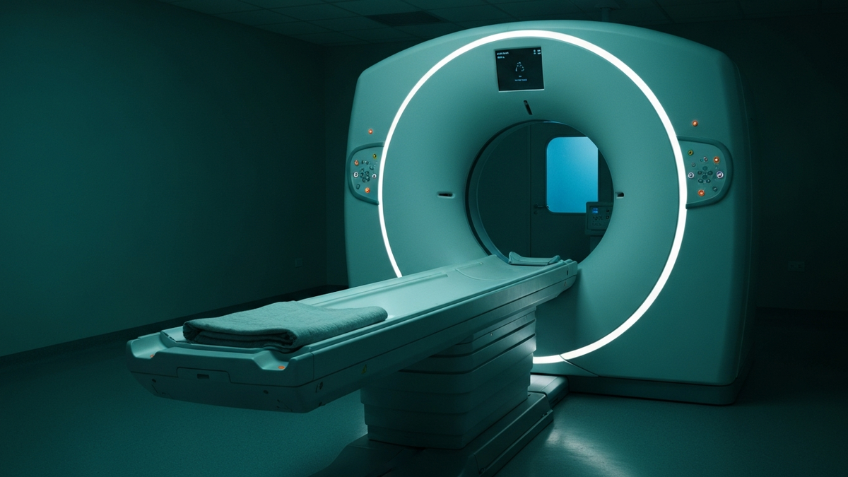 CT scanner in a darkened imaging suite, the gantry ring lit by a cool internal glow with the patient table extended