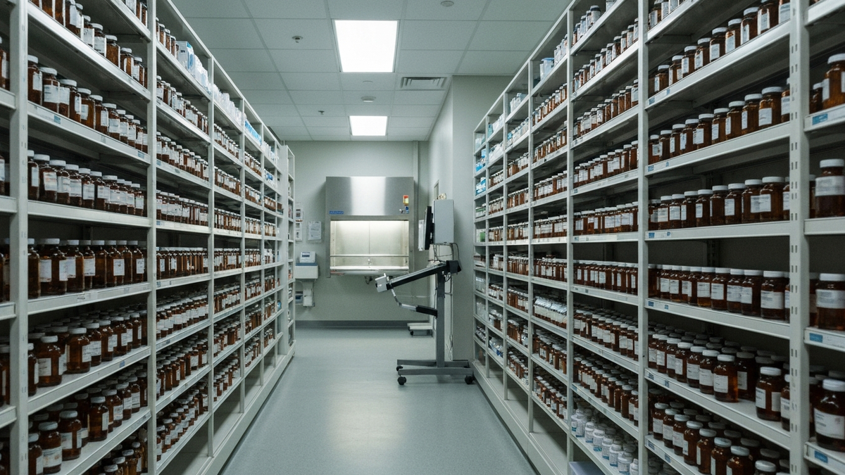 Hospital pharmacy aisle at night, shelves of amber vials receding in rows toward a stainless compounding hood