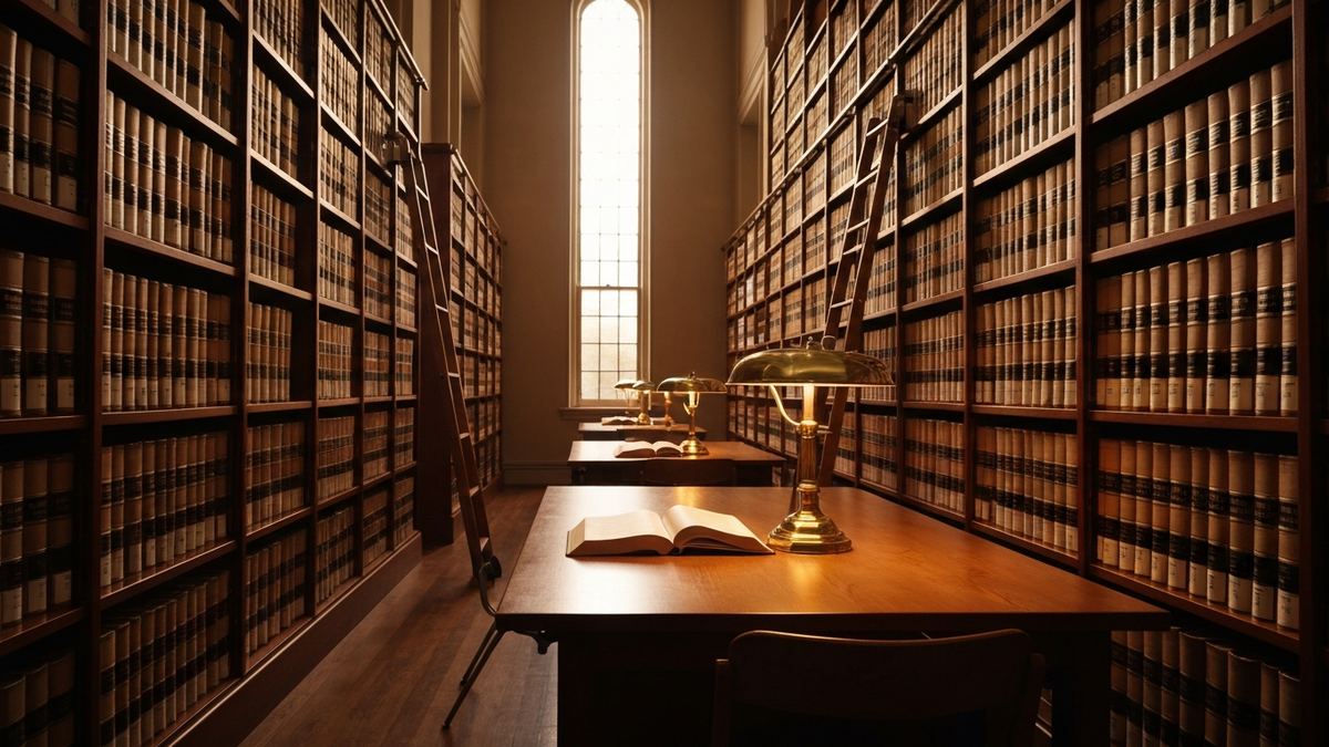 Law library aisle at dusk lined with bound volumes, a brass lamp lighting an open book on an empty research carrel