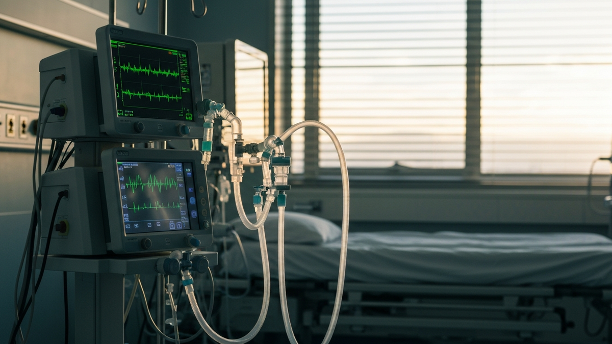 Ventilator and monitoring stack in an ICU bay at first light, waveform traces on the screens and tubing looping toward an empty bed