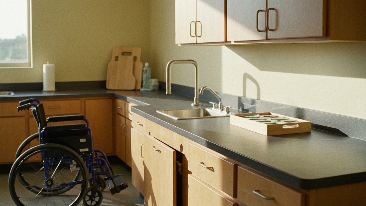 Occupational therapy suite in morning light with an adaptive kitchen station, grab bars and a wheelchair parked beside the counter