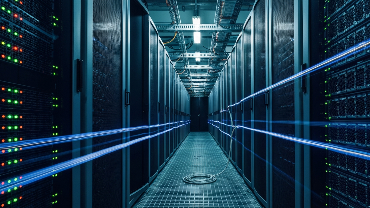 Cold aisle of a data centre, server racks receding in parallel lines with status LEDs streaking into light trails
