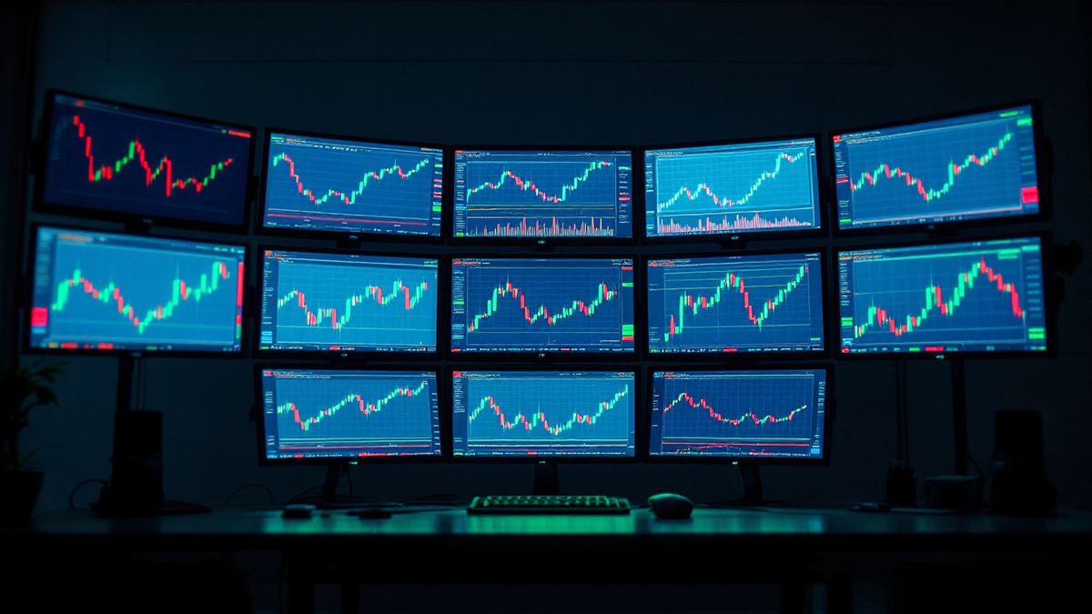 A curved multi-monitor array of live candlestick charts