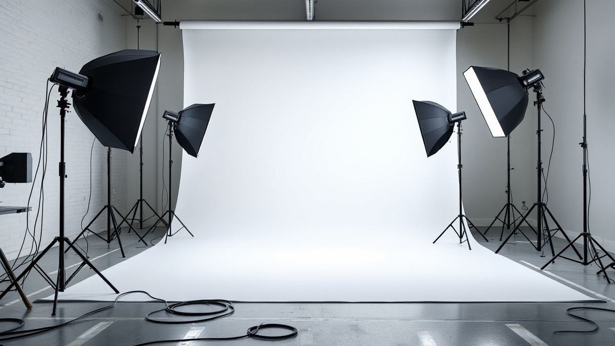 A content production studio with a seamless backdrop and studio lighting