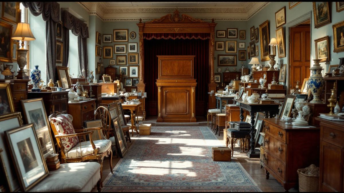 An antiques saleroom with lots ranged for viewing below a rostrum