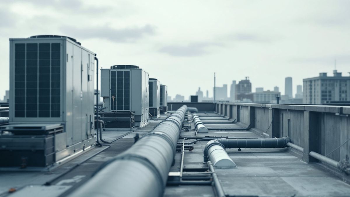 A commercial rooftop plant deck of HVAC units and ductwork