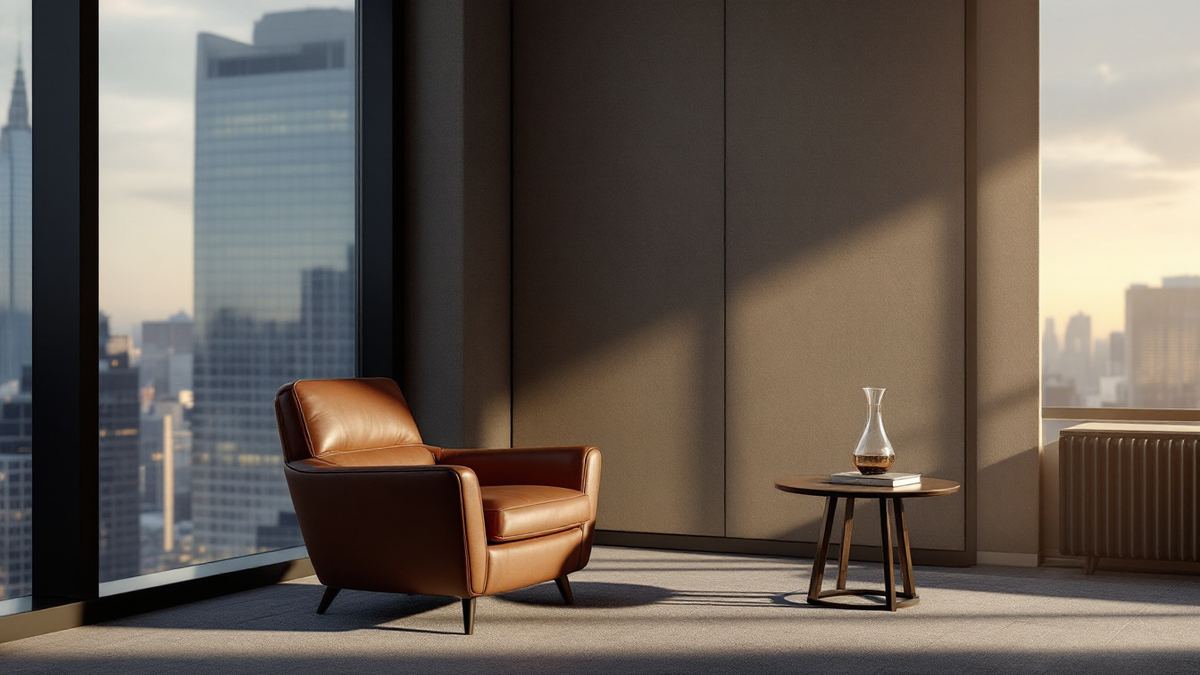 A private client meeting room overlooking a city skyline