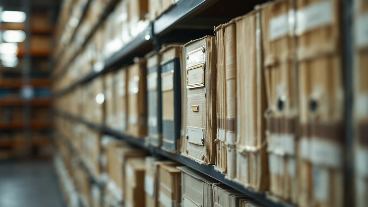 A wall of lever-arch archive binders on steel shelving