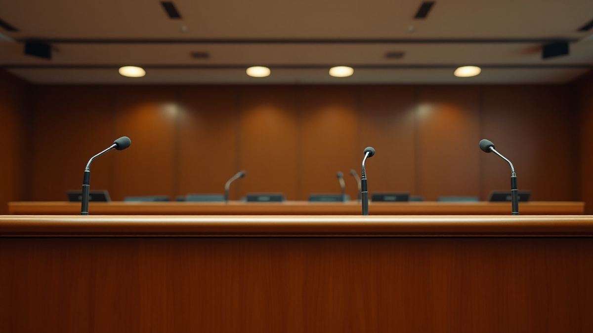 An empty school board dais and its row of microphones