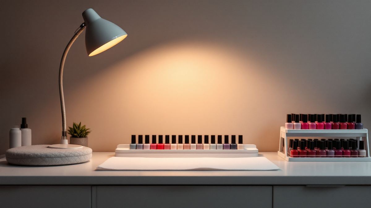 A nail salon manicure station with lamp and polish rack