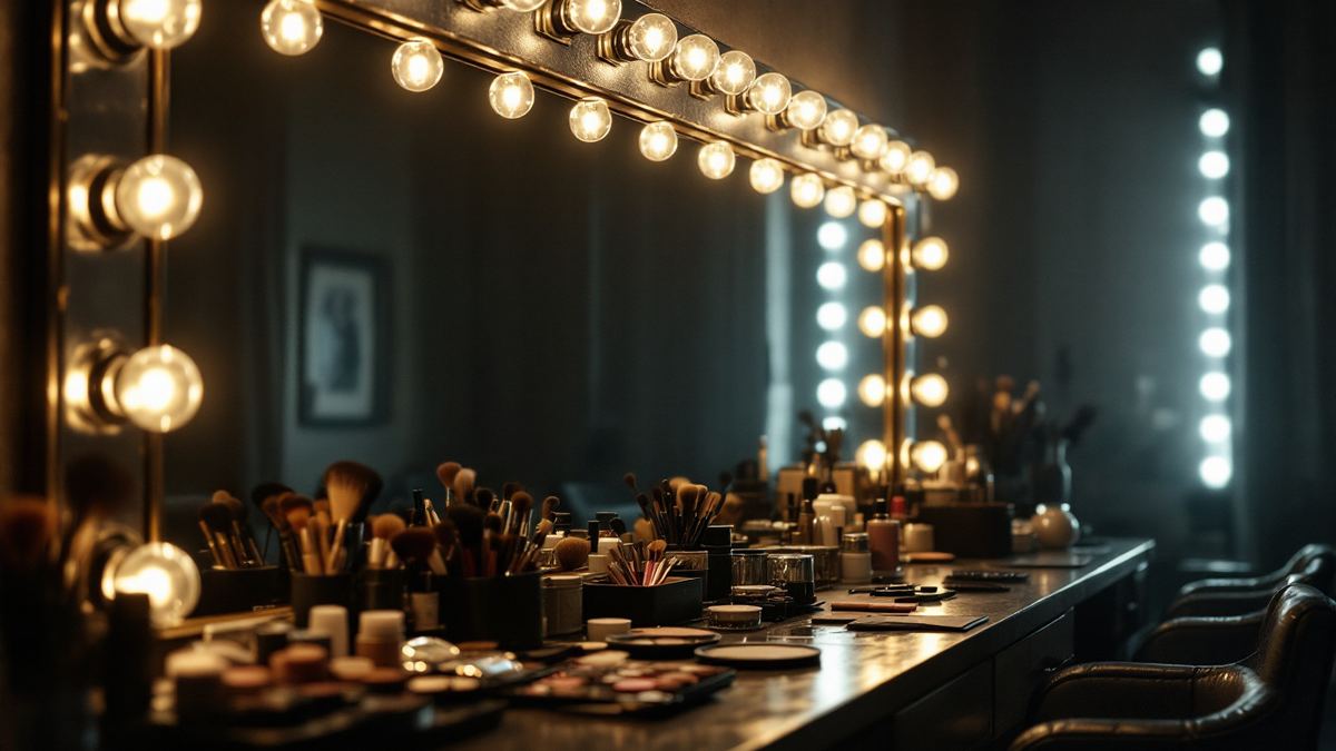 A theatre dressing room makeup station under bulb lighting