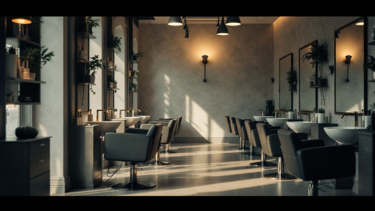 An empty hair salon with a row of styling chairs