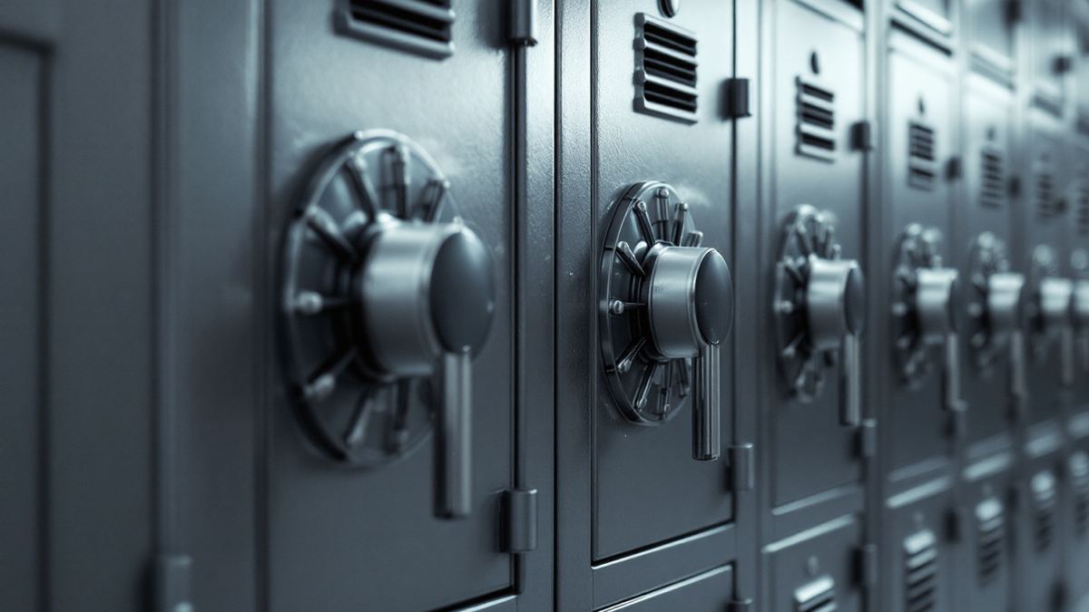 A bank of fire-rated document safes with dial handles