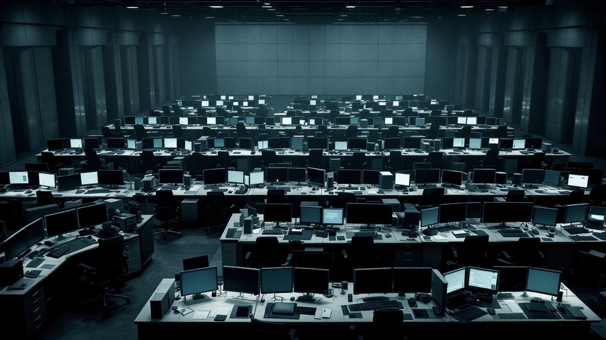 A deserted institutional trading floor with monitors dark