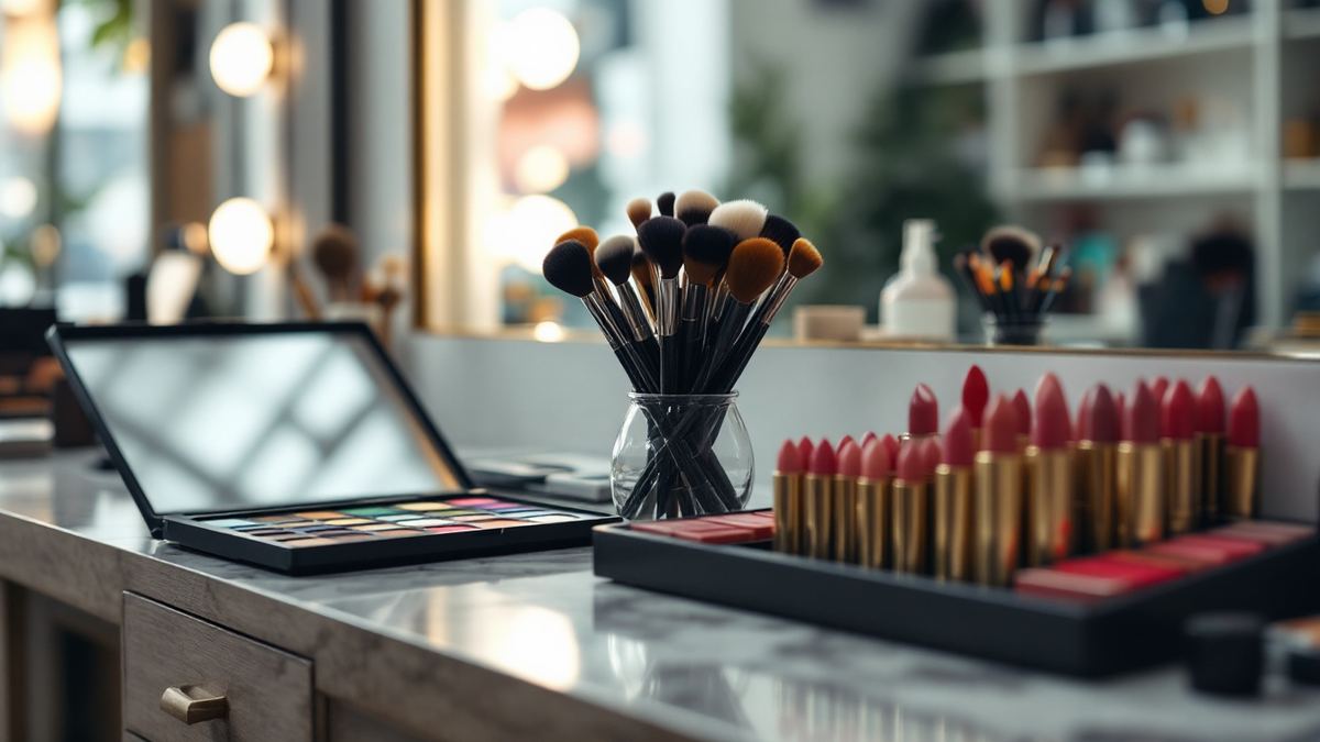 A beauty counter with brushes, palettes and lipsticks
