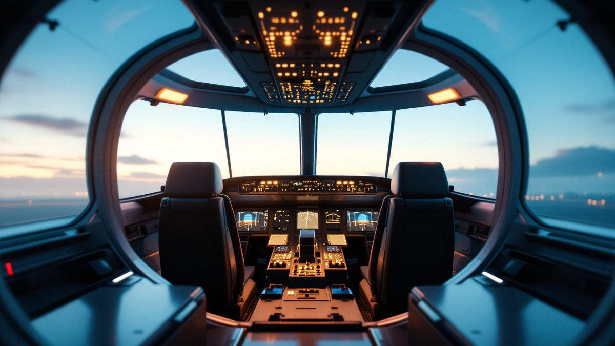 An airliner flight deck at first light