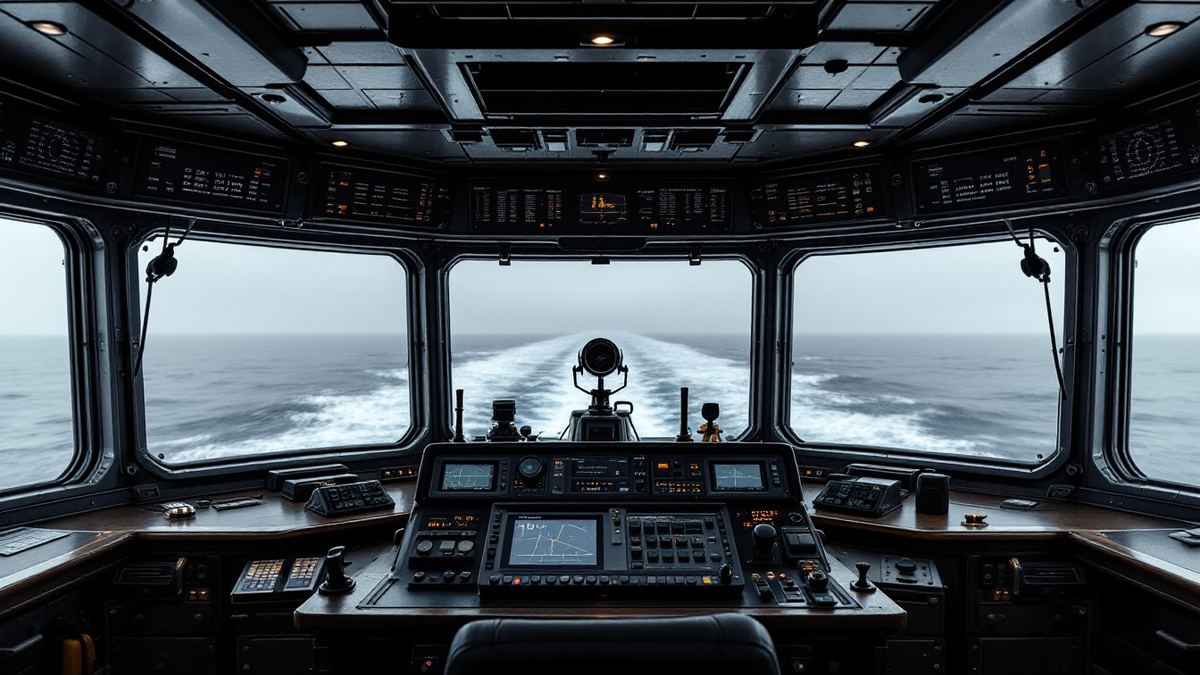 A ship's bridge console looking out over open sea