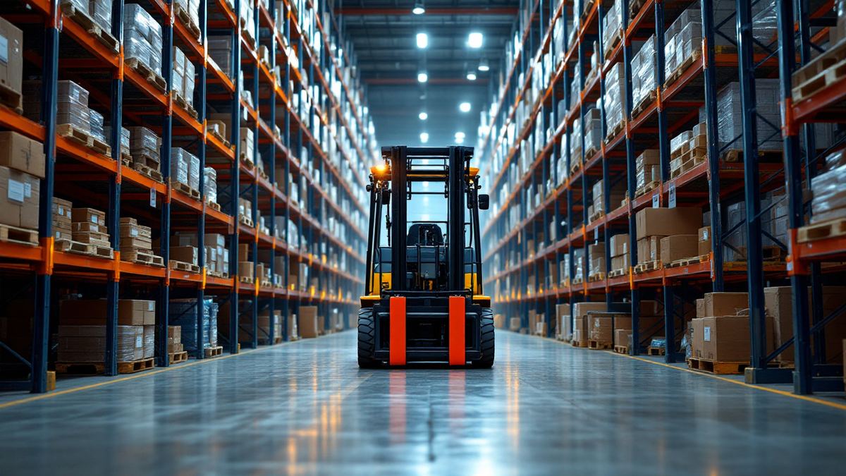 A counterbalance forklift at the end of a warehouse racking aisle